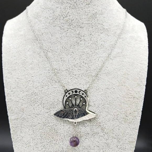 Witchcraft Crescent & Moth Pendant Necklace - Picture 2 of 16
